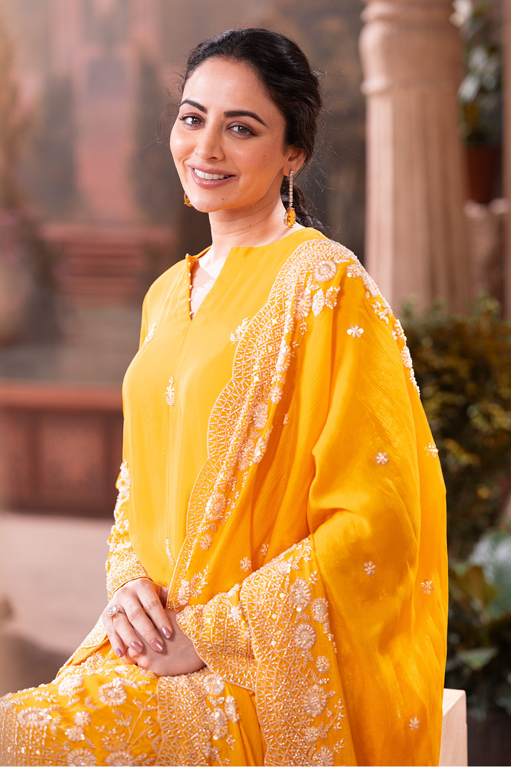 Yellow Pure Silk Floral Embroidered Suits With Embroidered Pallazo
