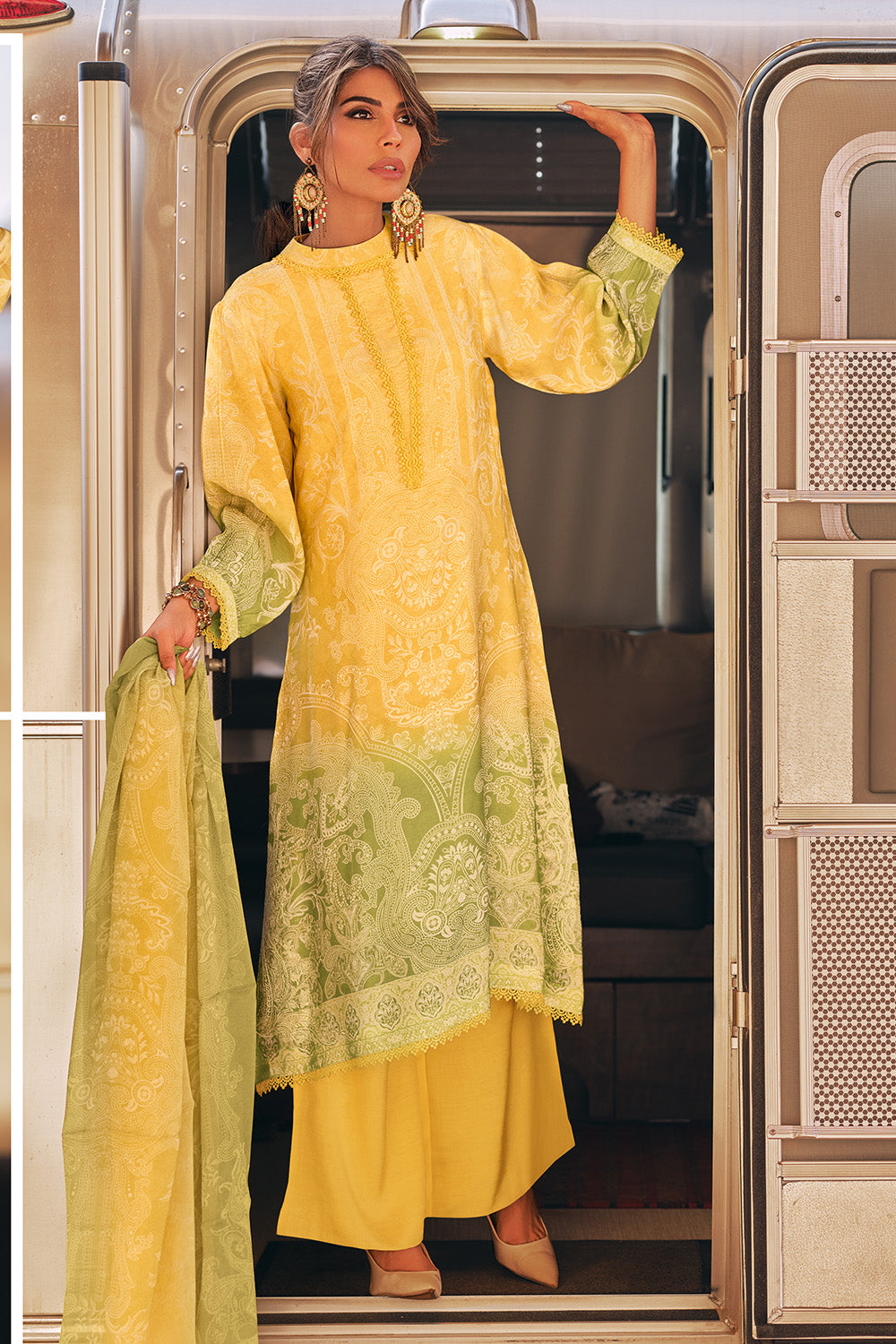 Yellow & Green Color Cotton Printed Unstitched Suit Material
