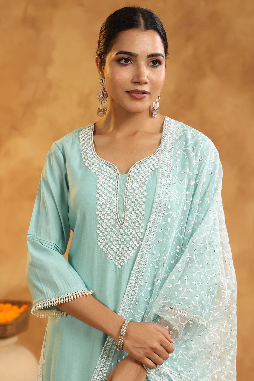 Powder Blue Color Cotton Neck Embroidered Unstitched Suit Fabric