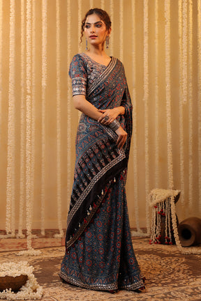 Navy Pure Mulberry Silk Printed And Embroidered Saree