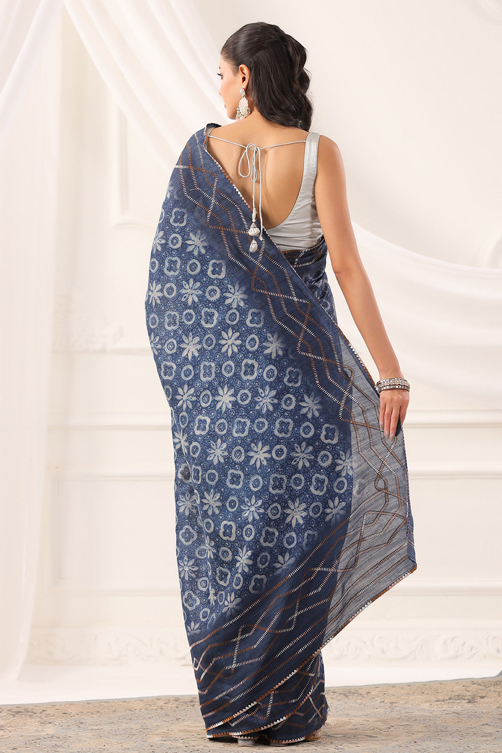 Navy Tussar Silk Printed Saree