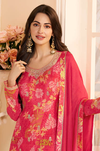 Carmine Pink Chinone Silk Floral Printed And Embroidered Unstitched Suit Fabric