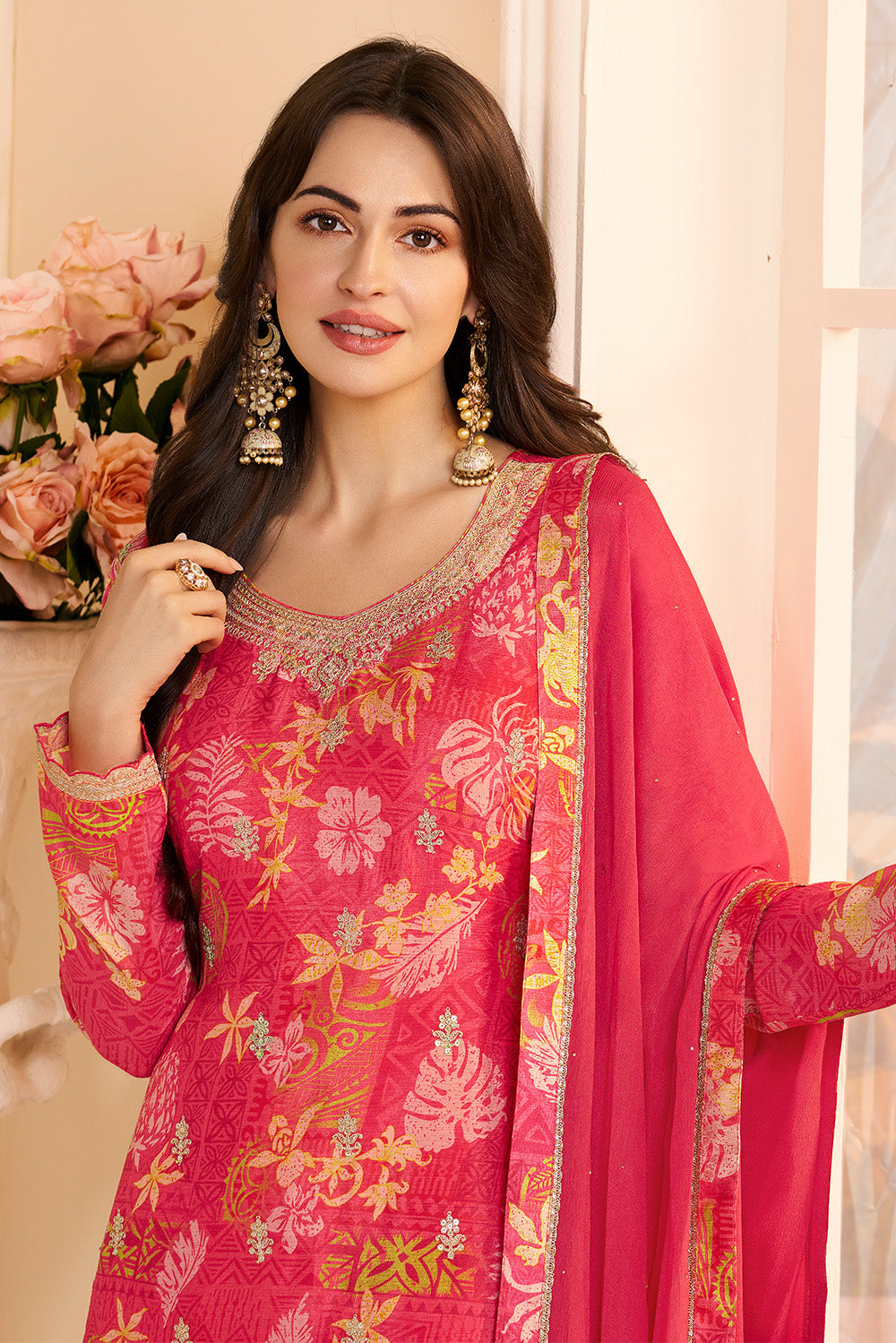 Carmine Pink Chinone Silk Floral Printed And Embroidered Unstitched Suit Fabric