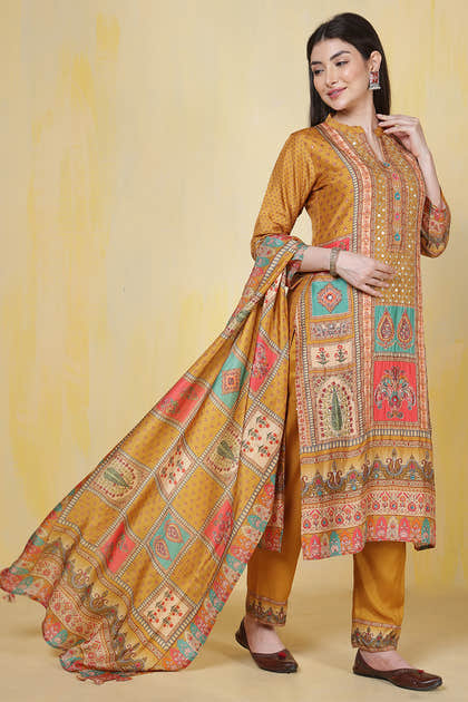 Mustard Printed Muslin Straight Suit