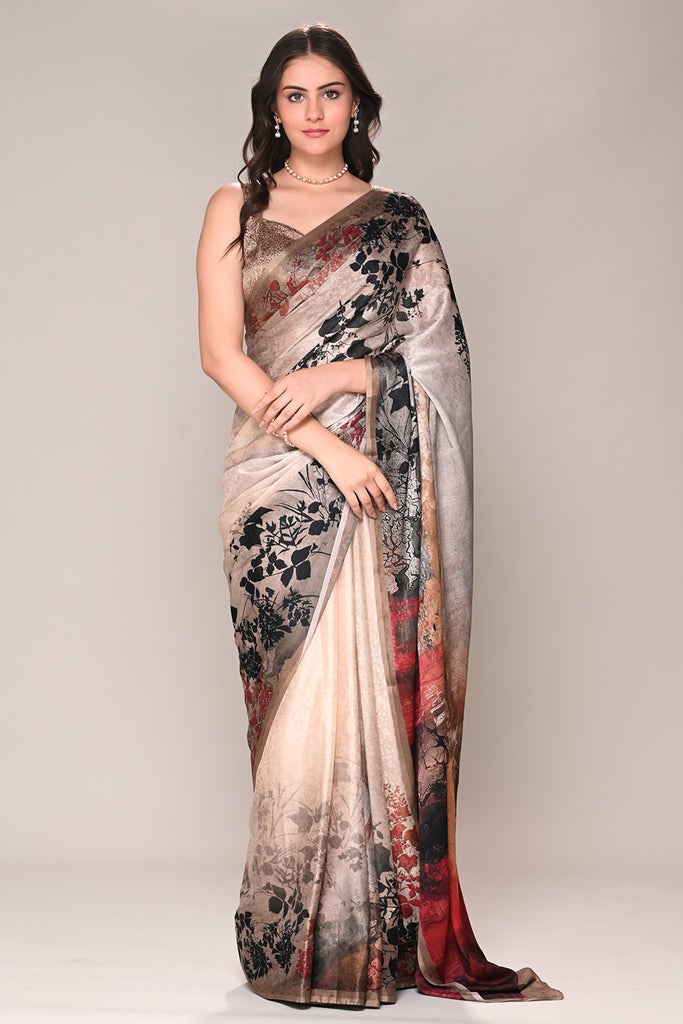 Beige Color Jacquard Silk Printed Saree