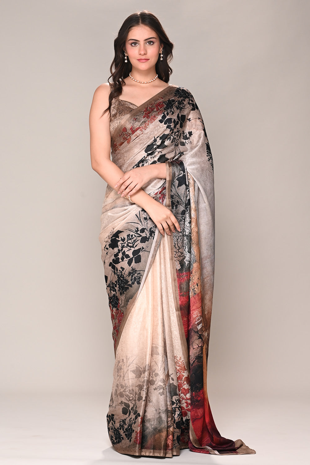 Beige Color Jacquard Silk Printed Saree