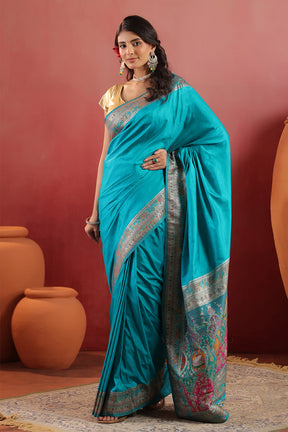 Teal Soft Silk Kalamkari Woven Saree