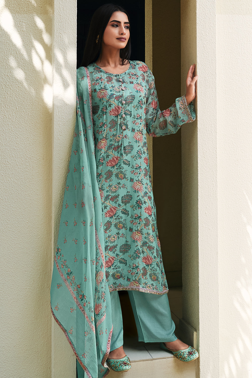 TeaL Color Floral Printed Unstitched Suit Material