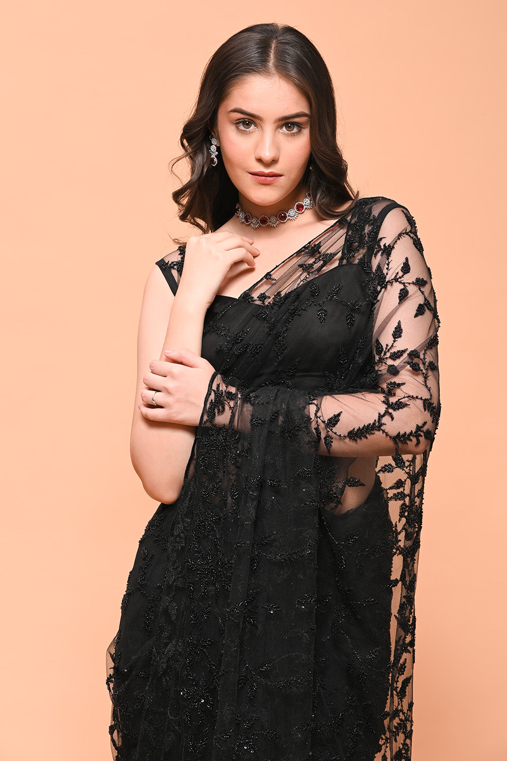 Black Color Net Cut-Dana Work Saree