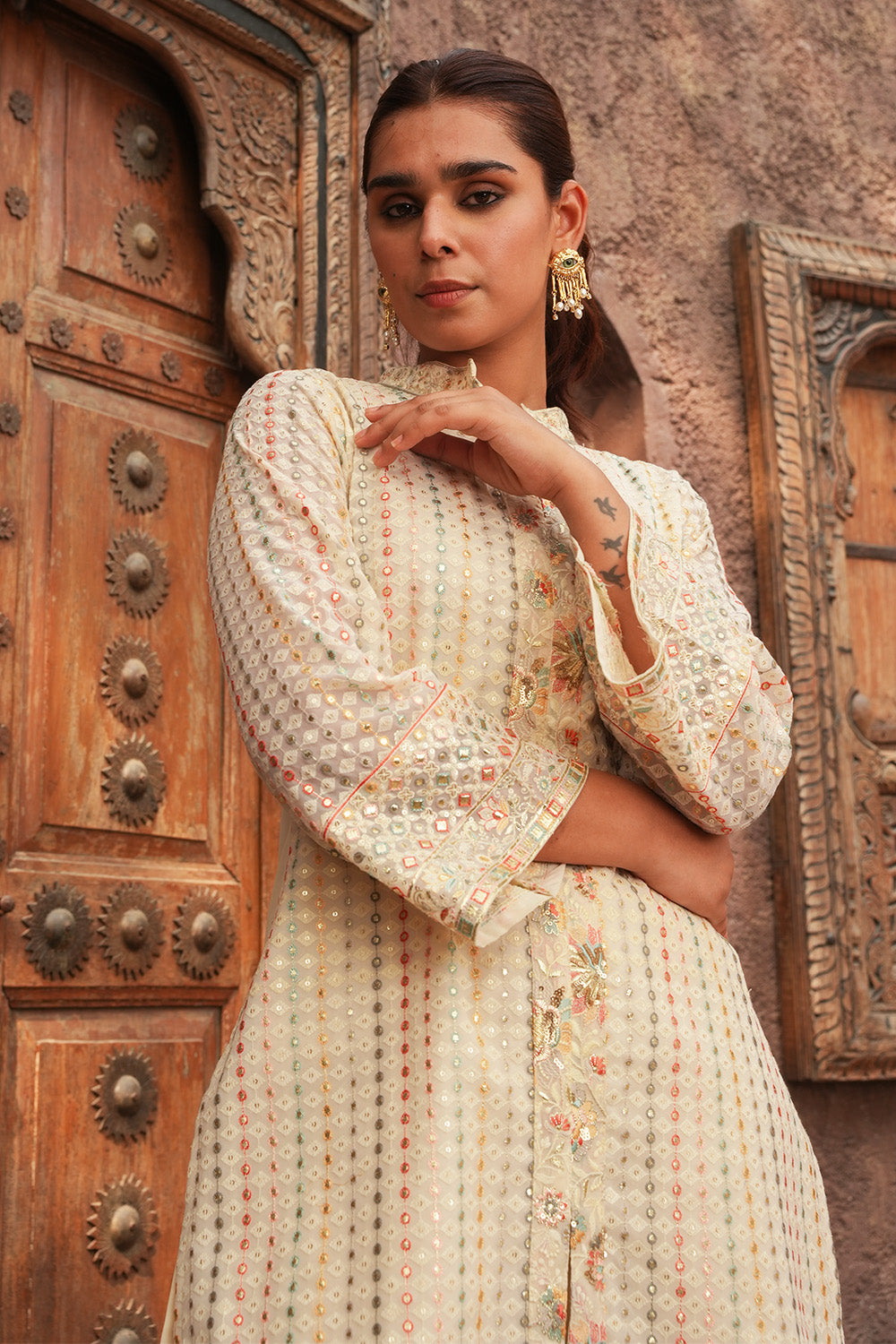 Cream Color Georgette Embroidered Kurta Set