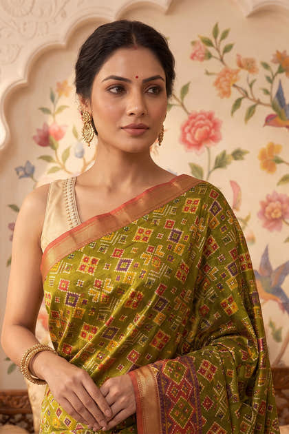 Green Cotton Printed And Woven Border Saree
