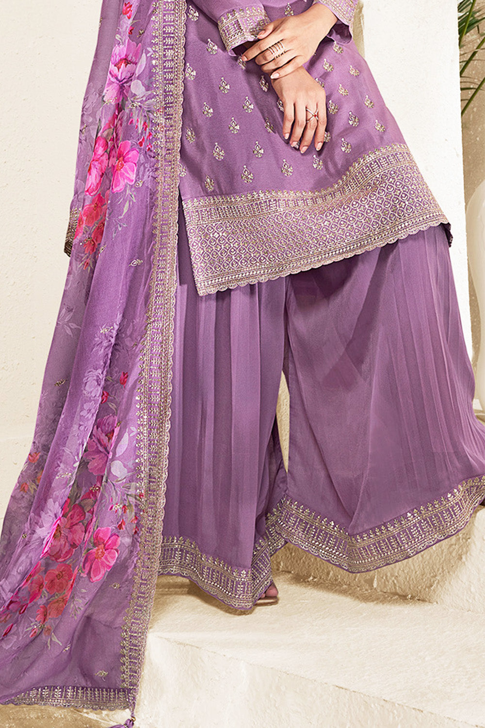 Mauve Color Georgette Embroidered Unstitched Suit Material With Palazzo