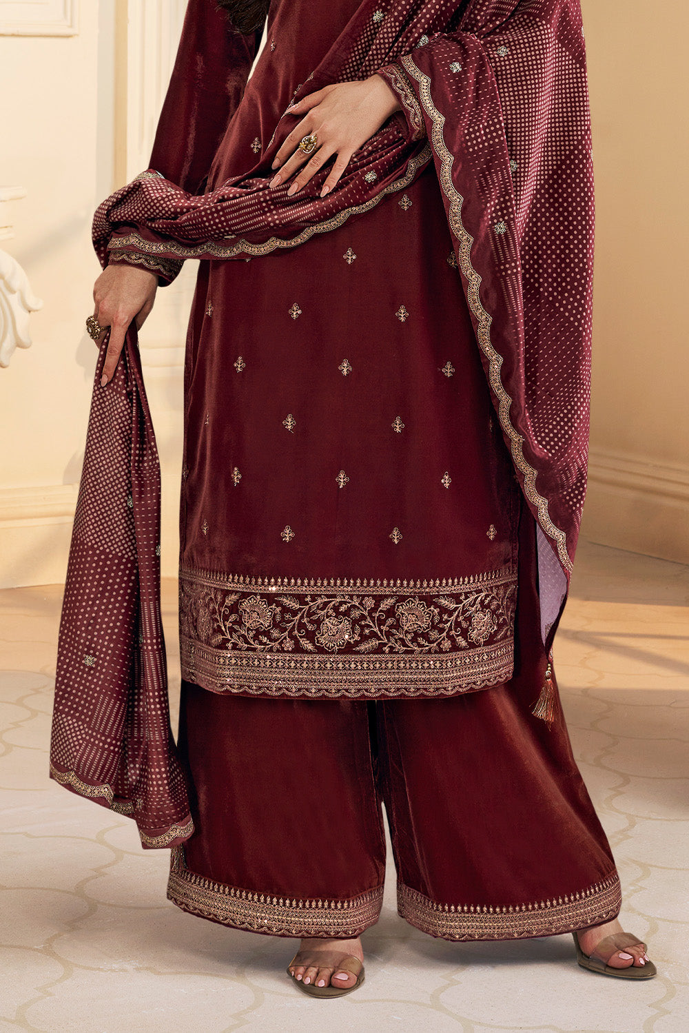Maroon Velvet Zari and Sequins Embroidered Unstitched Suit Fabric