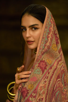 Brown Tussar Silk Resham Floral Embroidered Unstitched Suit Material