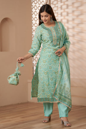 Teal Colour Muslin Printed Suit