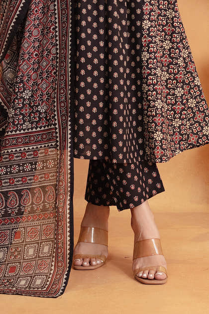 Black Ajrakh Printed Cotton Anarkali Suit