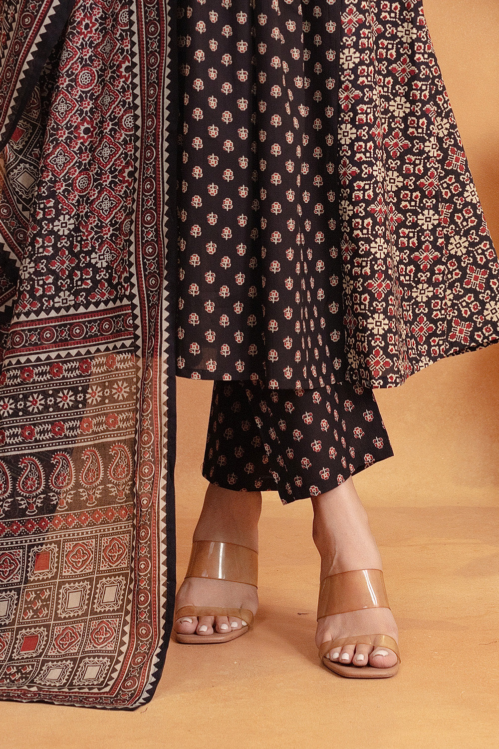 Black Ajrakh Printed Cotton Anarkali Suit