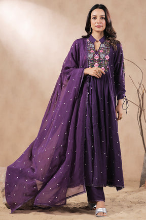 Purple Color Chanderi Neck Embordered Suit