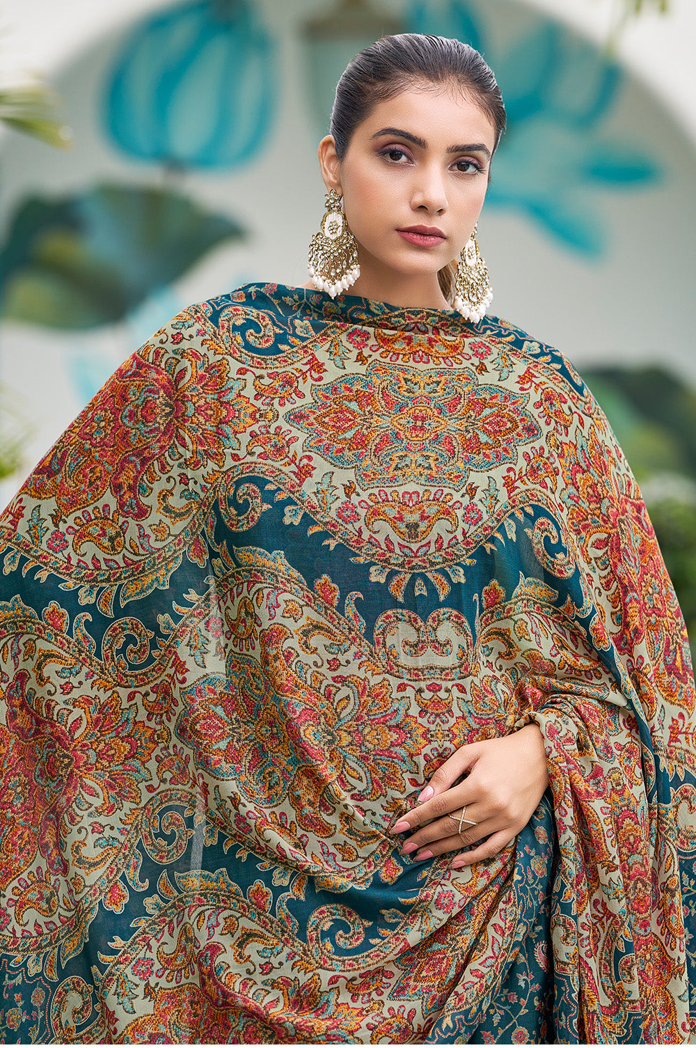 Teal Blue Muslin Floral Printed Unstitched Suit Material