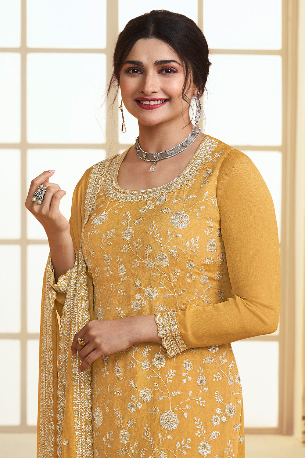 Mustard Color Embroidered Georgette Unstitched Suit Material With Stitched Sharara