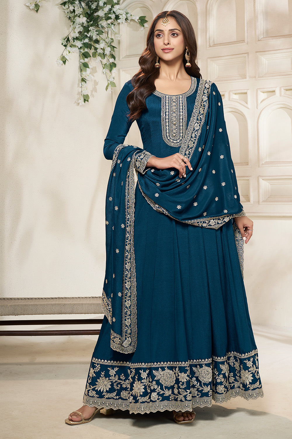 Blue Color Crepe Silk Embroidered Anarkali Kurti With Dupatta