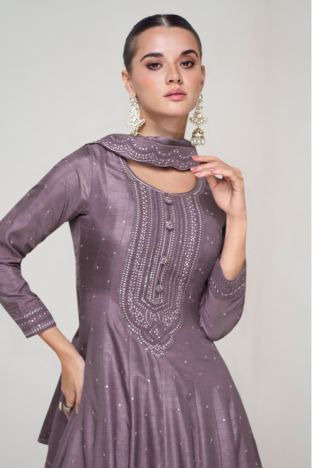 Old Lavender Color Silk Embroidered Anarkali Kurti