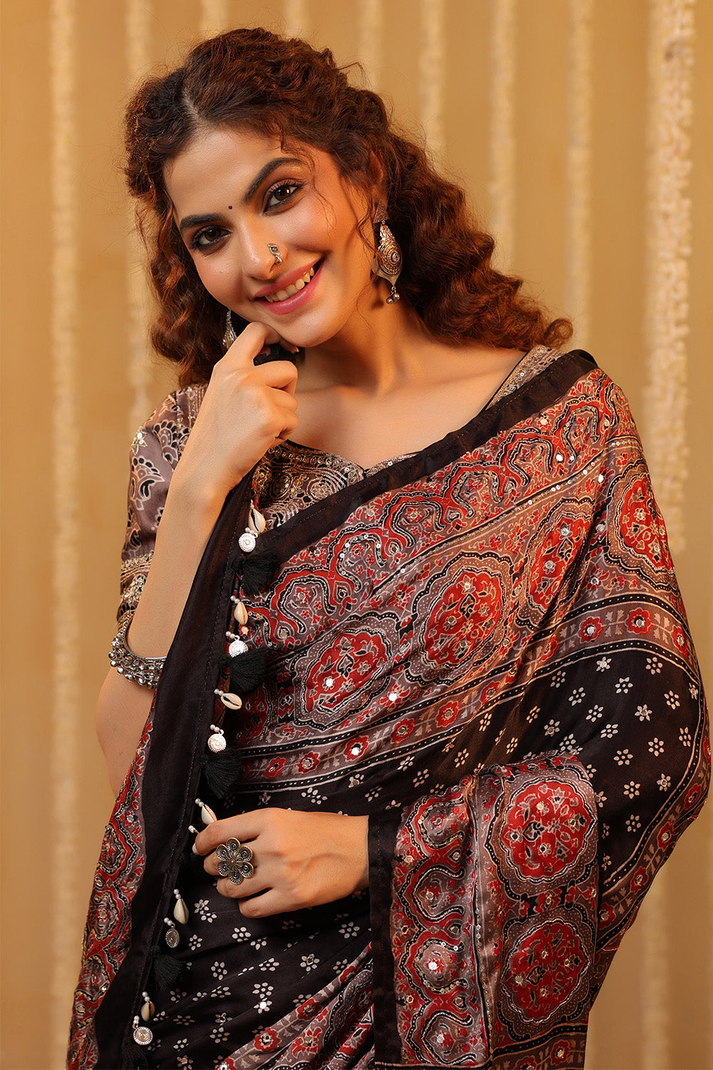 Black & Grey Pure Mulberry Silk Printed And Embroidered Saree
