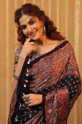 Black & Grey Pure Mulberry Silk Printed And Embroidered Saree