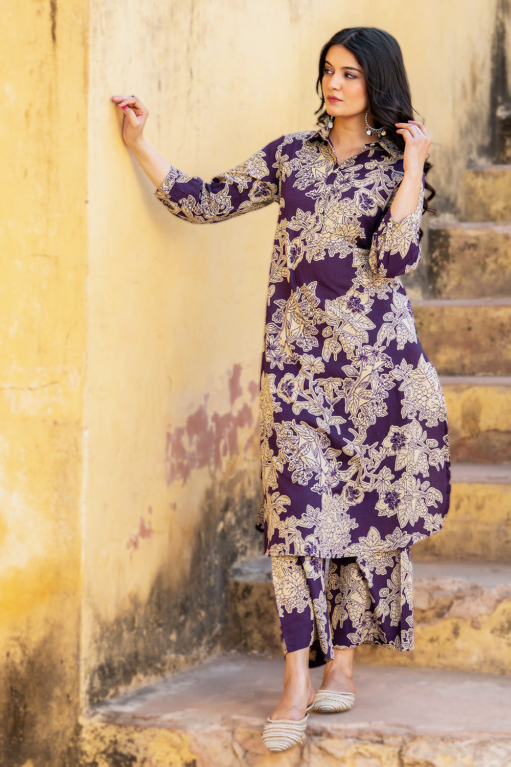 Purple Floral Vine Printed  Cotton Kurta Set