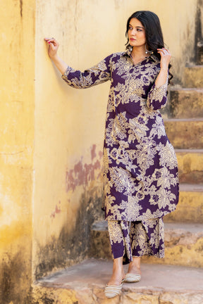 Purple Floral Vine Printed  Cotton Kurta Set