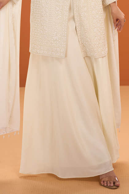 Cream Crepe Silk Embroidered Suit With Palazzo