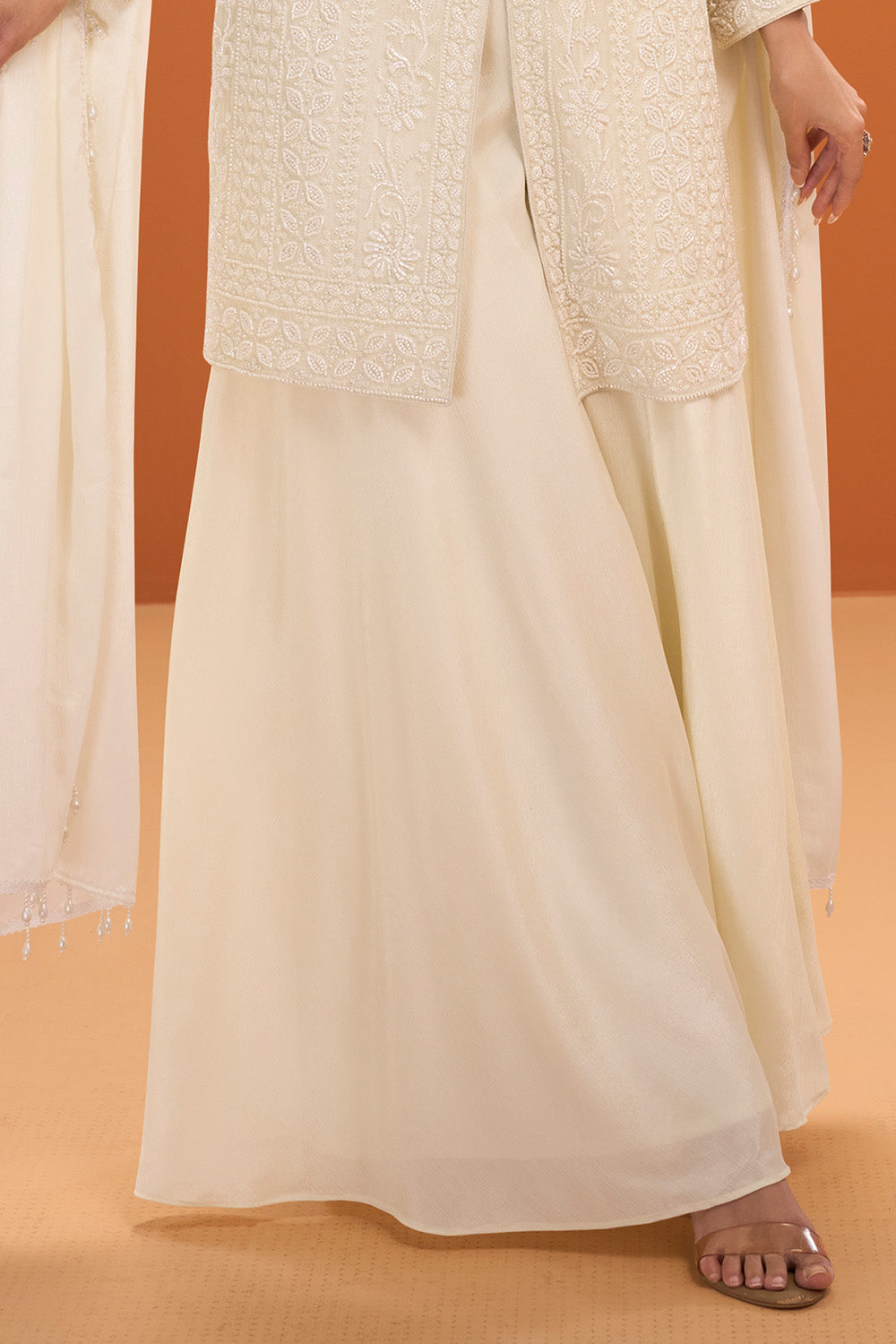 Cream Crepe Silk Embroidered Suit With Palazzo