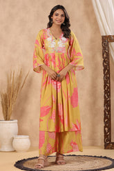 Mustard Color Muslin Printed Front Slit Kurta With Sharara