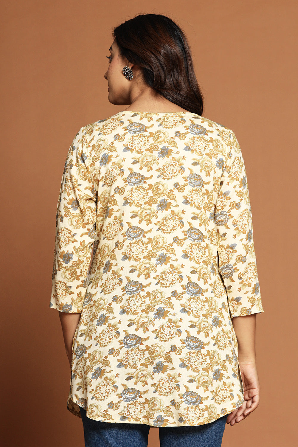 Beige & Brown Color Floral Printed Kurti