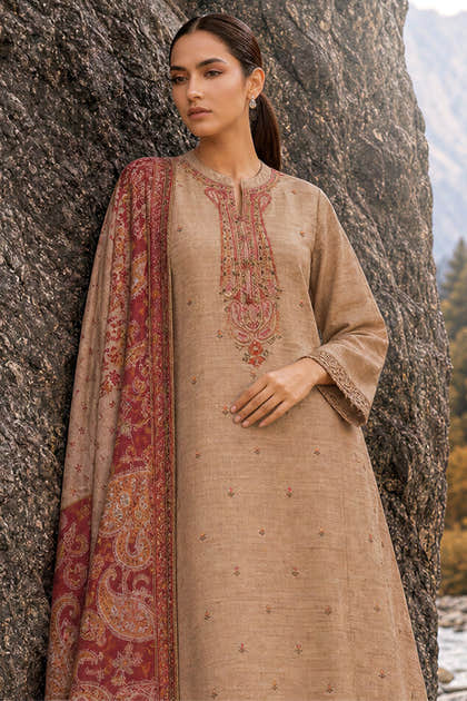 Beige Matka Silk Embroidered Unstitched Suit Material