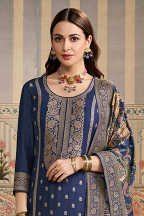 Navy Color Pashmina Woven Unstitched Suit Material