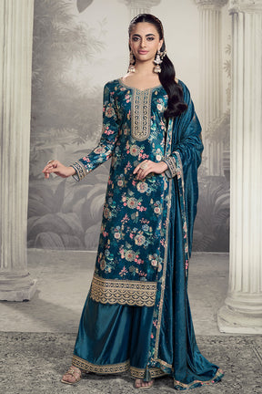 Blue Velvet Floral Printed And Embroidered Unstitched Suit Fabric
