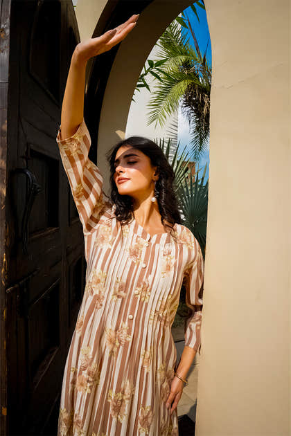 Light Brown Muslin Floral Printed Kurta Set