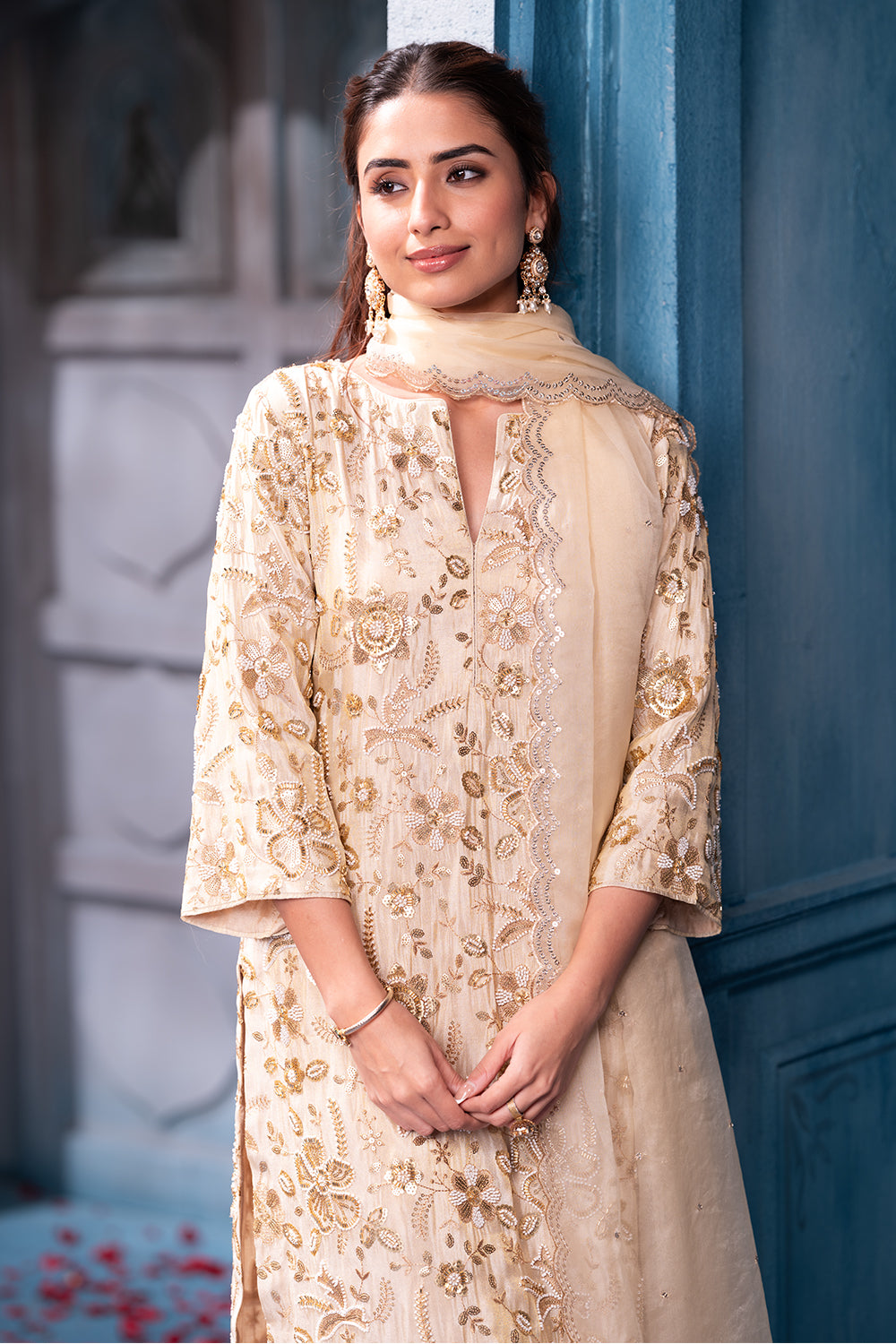 Cream Matelic Tissue Cut-dana And Sequins Embroidered Suits