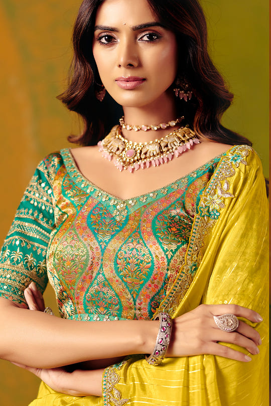 Yellow Organza Border Embroidered Saree With Banarsi Woven Readymade Blouse