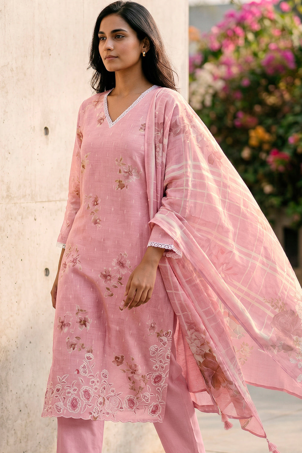 Pink Cotton Floral Resham Embroidered and Printed Unstitched Suit Material