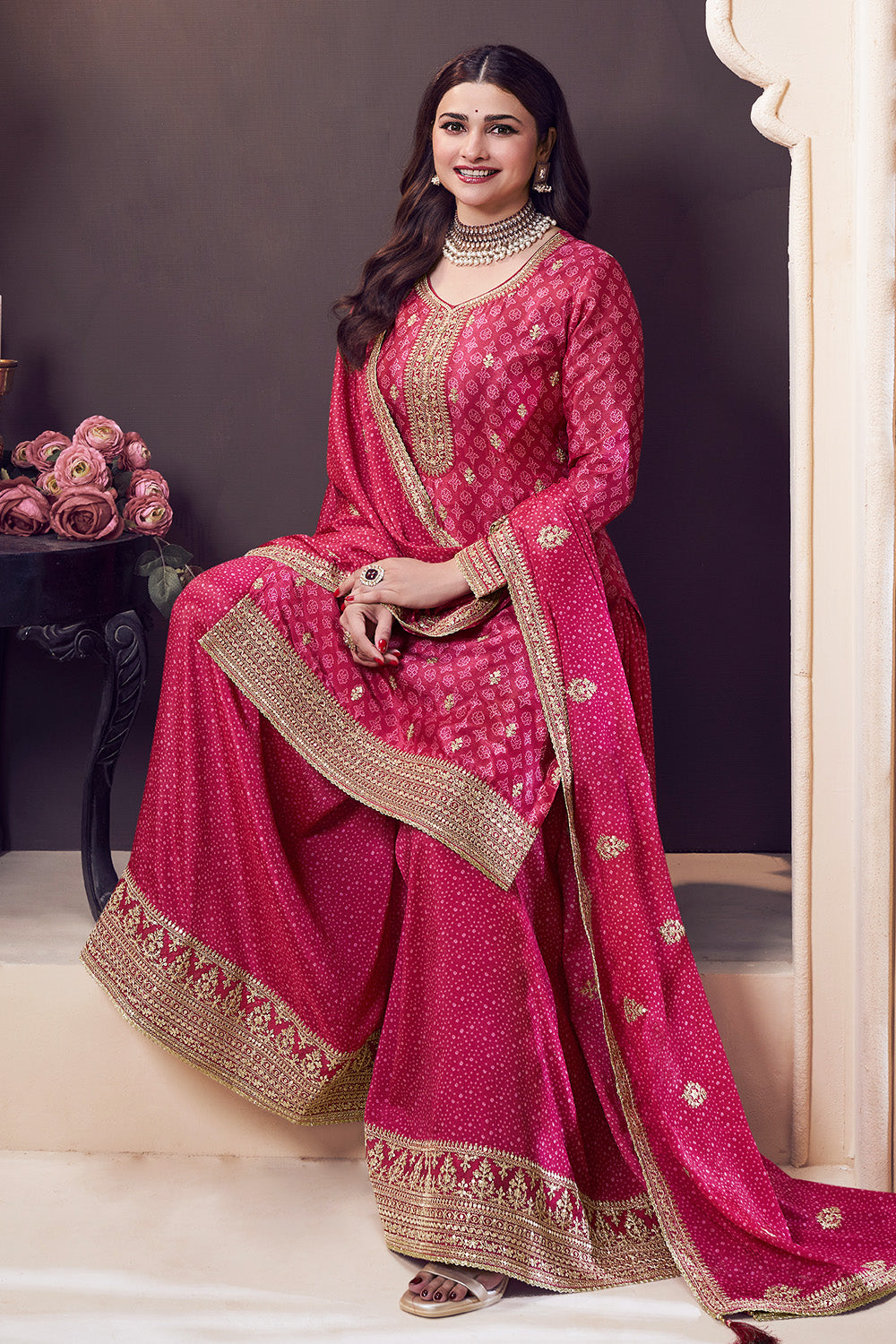 Magenta Pink Color Bandhani Printed & Embroidered Crepe Silk Unstitched Suit Material  With Readymade Palazzo