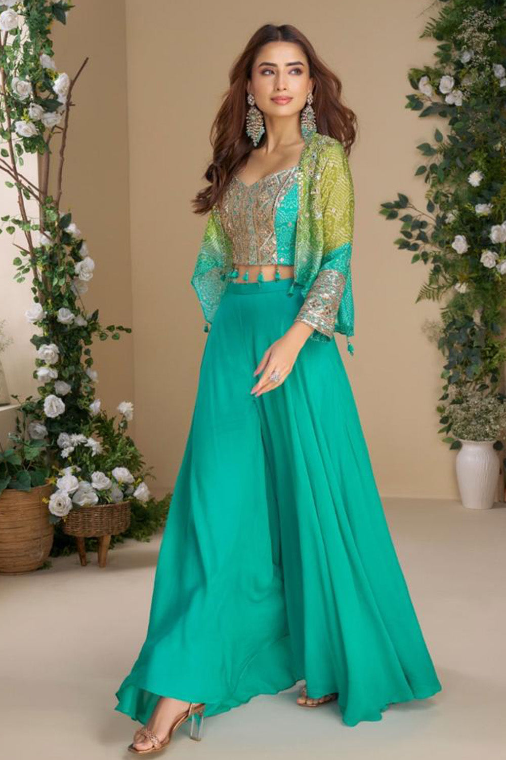 Teal Silk Bandhani Printed & Zari Embroidered Palazzo Set With Jacket