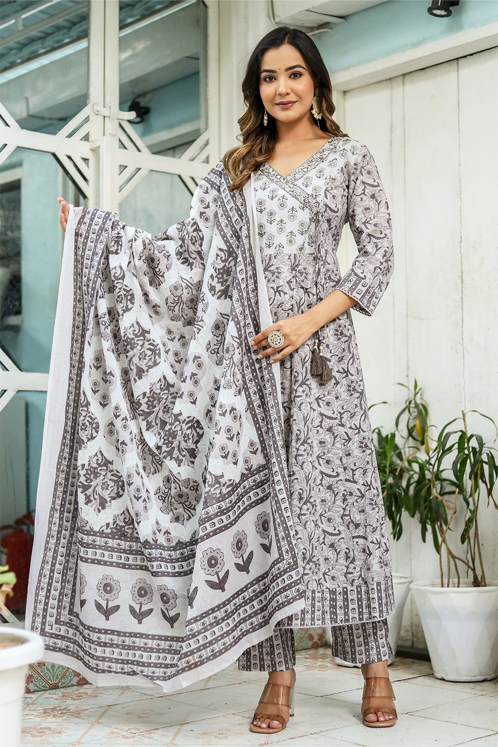 Grey Color Cotton Printed Anarkali Suit