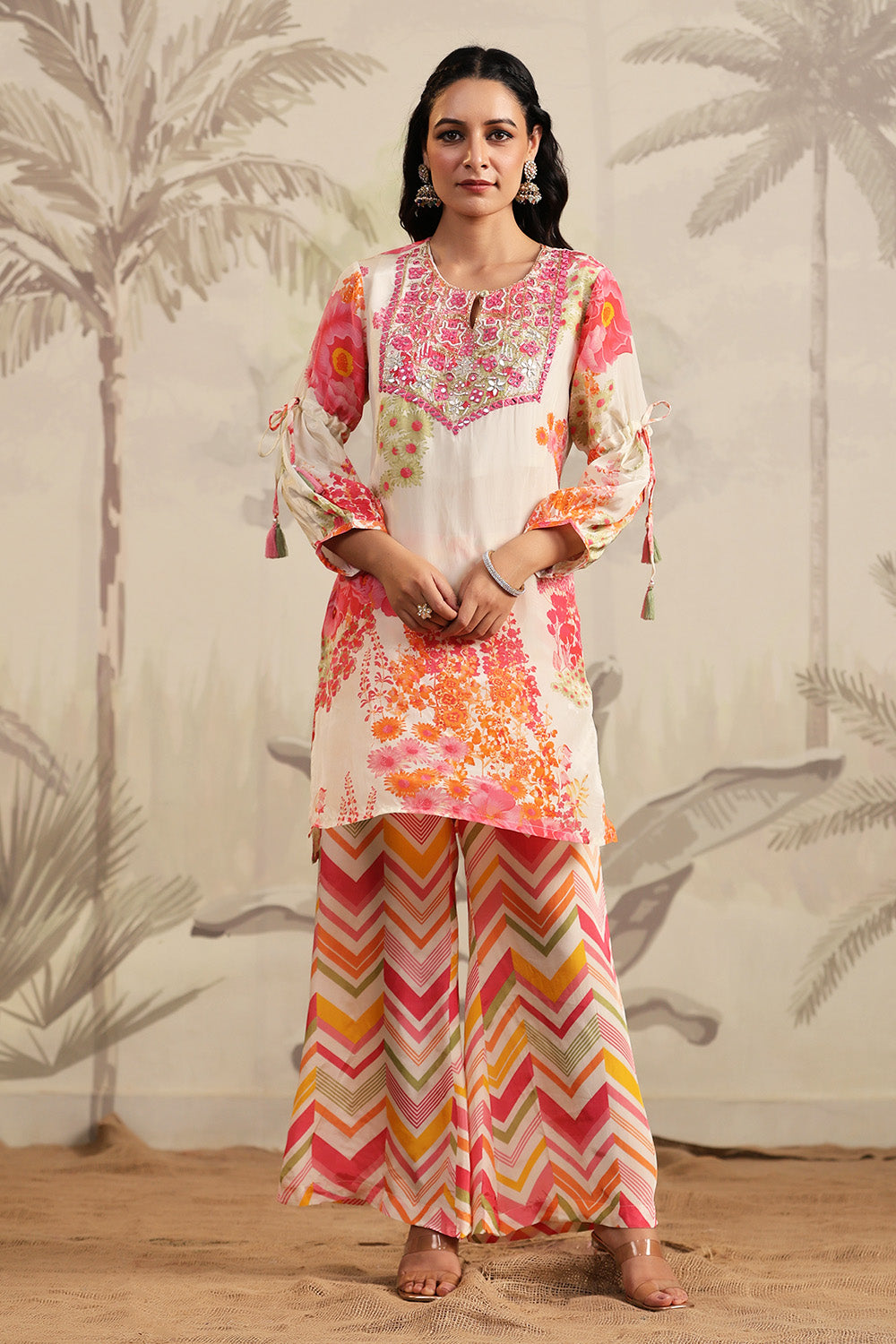 Cream Color Floral Printed Crepe Suit With Palazzo