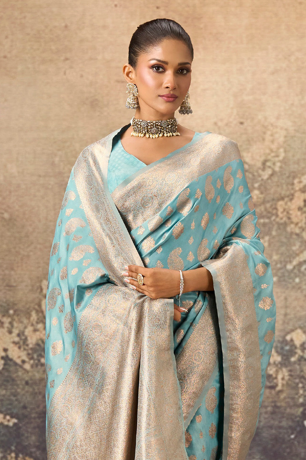 Light Turquoise Woven Katan Silk Banarasi Saree
