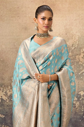 Light Turquoise Woven Katan Silk Banarasi Saree