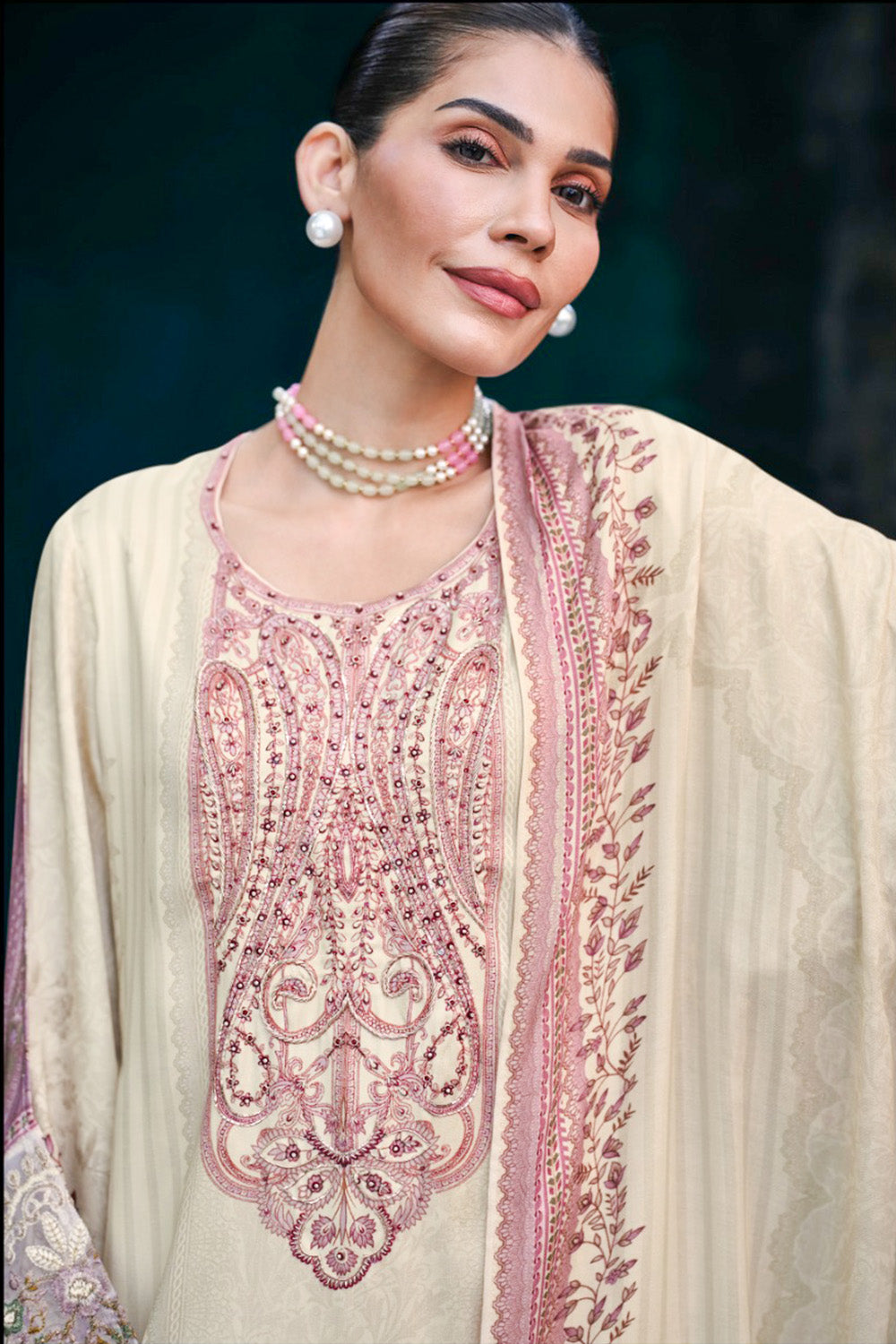 Cream Spun Pashmina Printed Unstitched Suit Fabric