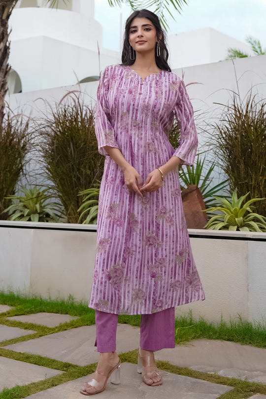 Lavender Floral Printed Muslin Kurta Set