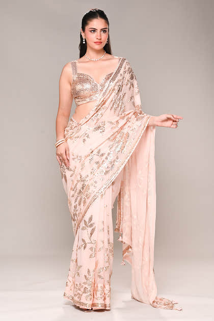 Baby Pink Color Georgette Sequins Embroidered Saree